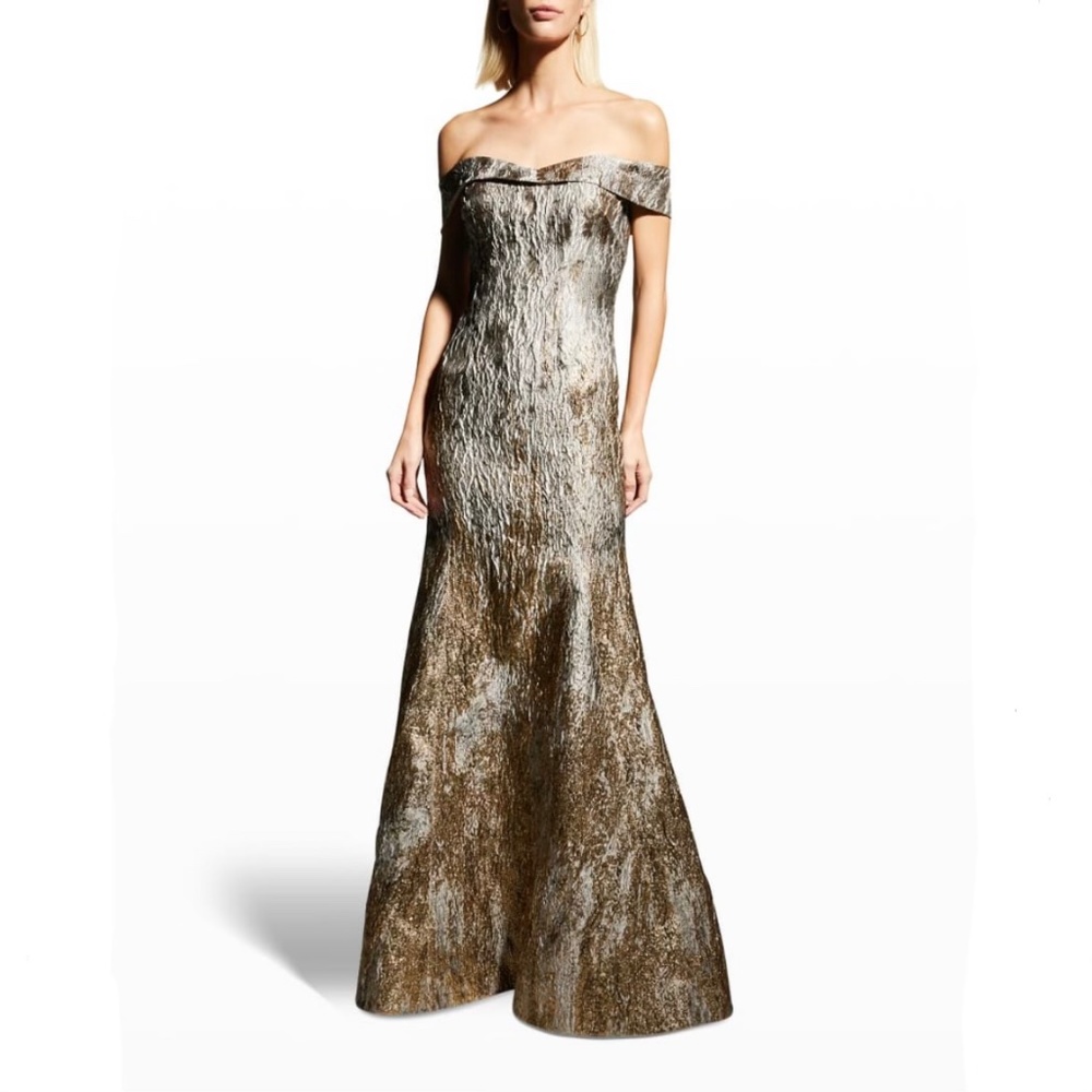 Renee Ruiz Off-shoulder Trumpet Gown in Silver & Gold Metallic